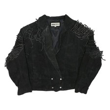 OUTER STUFF Womens Black Leather Button Jacket L Suede Fringe Western Style