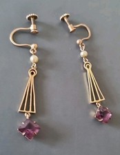 9ct gold amethyst seed pearl Screwback drop earrings Art deco 