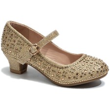 GIRLS LOW HEEL PARTY MARY JANE DIAMANTE EVENING SANDALS WEDDING COURT SHOES SIZE