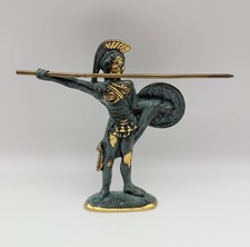 Vintage Verdigris Brass Greek Warrior Figurine with Spear & Shield 5”