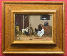 Original Oil On Board Painting Of Chickens Rooster Lamb In Farmyard By Mary Shaw
