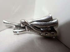 Vintage 1970s silver tone modernist design diamante trumpet herald angel brooch