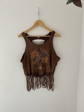 Size L Brown Cropped Tasselled Vest Top Tree Boho Hippie Cowgirl
