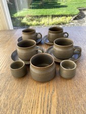 VINTAGE DENBY LANGLEY MAYFLOWER 4 CUPS, 4 SAUCERS,2 EGG CUPS, 1 SUGAR BOWL BROWN