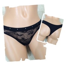 Sheer Lace Front Rhinestone & Solid Back Everyday Thong Panties-Black -White