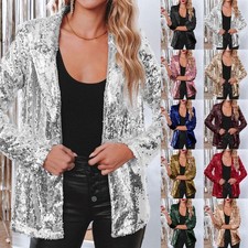Ladies Jacket Sparkly Sequins Long Sleeve Christmas Coat Blazer Party Tops 8-20