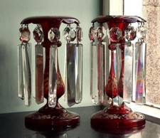 Beautiful Pair of Antique Ruby Red Glass Mantle Lustres with Rococo Enamelling