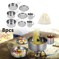 8Pcs Stainless Steel Camping Cookware Cooking Picnic Bowl Pot Pan Set Outdoor