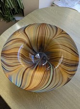 Hand blown large Murano style centrepiece bowl 40cm green blue in amber swirls