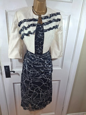 Condici Navy Blue & Ivory Patterned SILK Dress & Jacket /Outfit, UK 14, Exc Cond