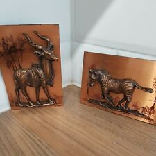 2 x  Vintage Mid Century Copper Backed 3d zebra and Stag Pictures