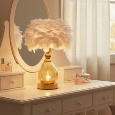 Fluffy White Feather Table Lamp Bedside Night Light Living Room Bedroom Decor