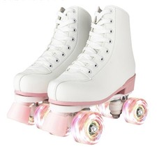 XUDREZ White/Pink Light Up Leather Roller Skates Flashing Wheel Women UK 4.5