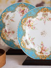 ONE Antique Copeland Turquoise gilt swag Florals In Basket Ribbon Bows Plates