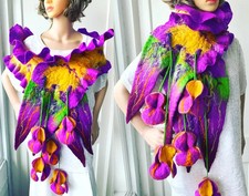 Hand Felted -ART Scarf /wool merino  and silk-iris-