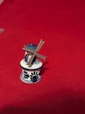 Vintage Delft Blue Salt Shaker, Porcelain Windmills w/Metal Sails