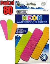 80 Kids Neon Bright Colour Durable Plasters Waterproof Padded Flexible Children