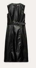 Zara Black Leather Effect Belted Sleeveless Midi Dress Size M NWOT