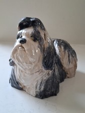 Large Ceramic Shih Tzu Dog Figurine Grey & White Vintage Top Knot Long Haired
