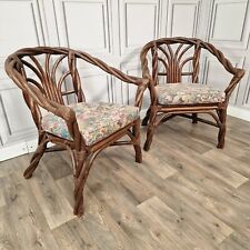 Retro Piair x2 Twisted Bamboo Wicker Cane Tub Arm Chairs Seats - Boho Tiki Twist