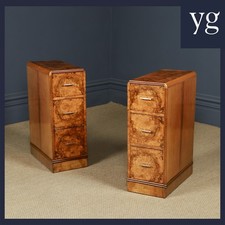 Antique English Pair of Art Deco Maple Walnut Bedsides Chests Tables Nightstands