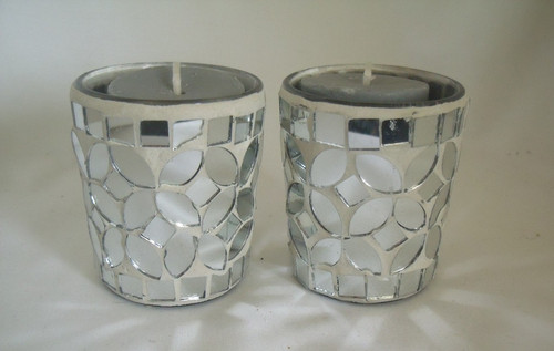 Silver mirror mosaic candle - silver,