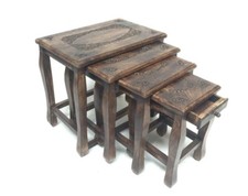 NEST OF 4 CARVED INDIAN WOODEN SIDE END COFFEE TABLE NESTING LIVINGROOM TABLES