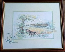 Vintage Glenda Rae Framed Print Depicting Bench, Tree, Cottages Birds. 