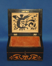 An antique griffen marquetry trinket or jewellery box, 19th century, with key
