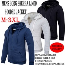 Mens Padded Borg Fleece Sherpa Lined Full Zip Up Hoodie Sweatshirt Jacket M-3XL