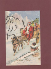 FRENCH XMAS GREETING POSTCARD. SANTA CLAUS WITH DONKEY PULLED CART FULL OF GIFTS