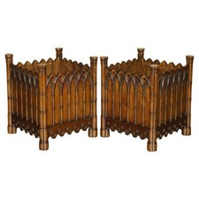 STUNNING PAIR OF GOTHIC REVIVAL EXTRA LARGE HAND CARVED WOODEN PLANTERS 72X60CM