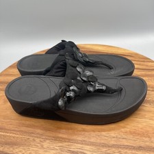 FitFlop Sandals Womens 9 Black Leather Fleur Floral Slip On Comfort Thong Shoes