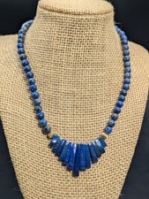 Vintage Royal Blue Lapis Lazuli Gold Filled Beaded Cleopatra Fringe Necklace 