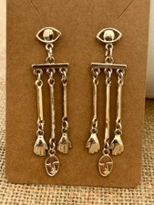 Silver tone metal long drop/dangle hand/face/eye avant garde earrings boho style