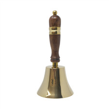 Traditional brass coloured school library hand bell with wooden handle