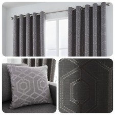 Curtina CAMBERWELL Graphite Grey - Geometric Jacquard Eyelet Curtains & Cushions