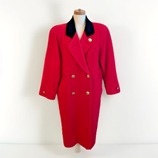 Vintage 80s London Fog Red Wool Long Coat Black Velvet Collar Gold Button 10 P