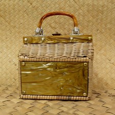Vintage Butterscotch Wicker + Lucite Box Handbag 1950's, Rockabilly, Hong Kong
