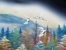 [AYANE] FLYING CRANE BIRDS OVER WOODS - Japanese Silk  KIMONO Fabric