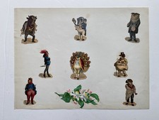 Delightful Victorian Anthropomorphic Animal Scraps & Floral Scrap On Ivory Card 