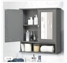 Costway Grey Adjustable Wooden Medicine Organiser Bathroom Cabinet with Mirror