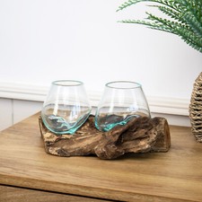 Teak Root With Double Mini Molten Glass Bowl Rustic Wood Base Home Decoration