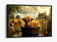 BEAUTIFUL HIGHLAND COW IN TUB ON FARM FLOAT EFFECT FRAME CANVAS ART PIC PRINT