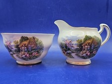 Royal Vale Bone China "Country Cottage" Open Sugar Bowl And Creamer/milk jug