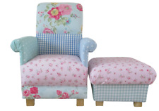 Laura Ashley Gingham Fabric Chair & Footstool Patchwork Pink Blue Armchair Spots