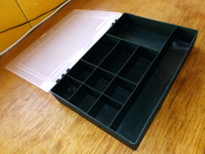Plastic compartmented storage box, approx 12.5 inch / 9 inch.