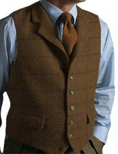 Mens Tweed Waistcoat Vintage Western Windowpane Plaid Formal Vests 42 44 46 48