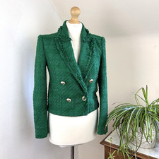 Zara Women's Boucle Cropped Jacket Size XS Emerald Green Gold Buttons