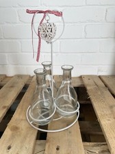 Set of 3 Clear Glass Bottle Vases in Vintage Cream Stand for Flowers or Decanter